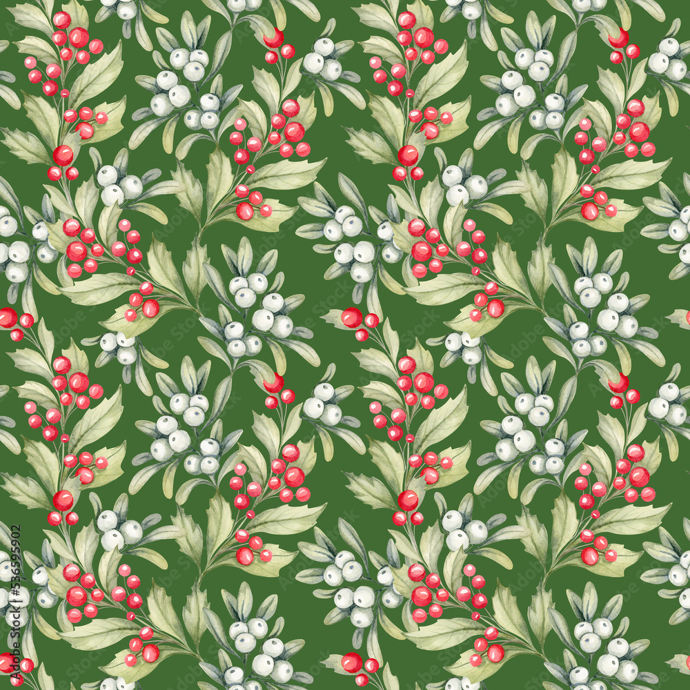 Watercolor Christmas seamless pattern with mistletoe branches and holly. Hand drawn vintage ornate pattern with winter plants. Watercolor Christmas seamless pattern with mistletoe branches and holly. Hand drawn vintage ornate pattern with winter plants.