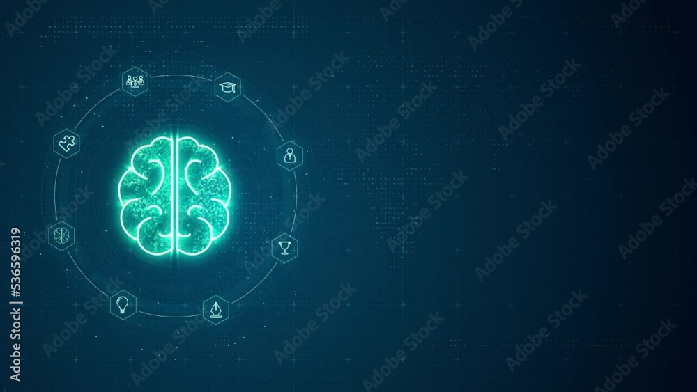 Motion graphic of Blue digital brain LOGO with line connection and data transfer to futuristic icon technology on abstract background concept Motion graphic of Blue digital brain LOGO with line connection and data transfer to futuristic icon technology on abstract background concept