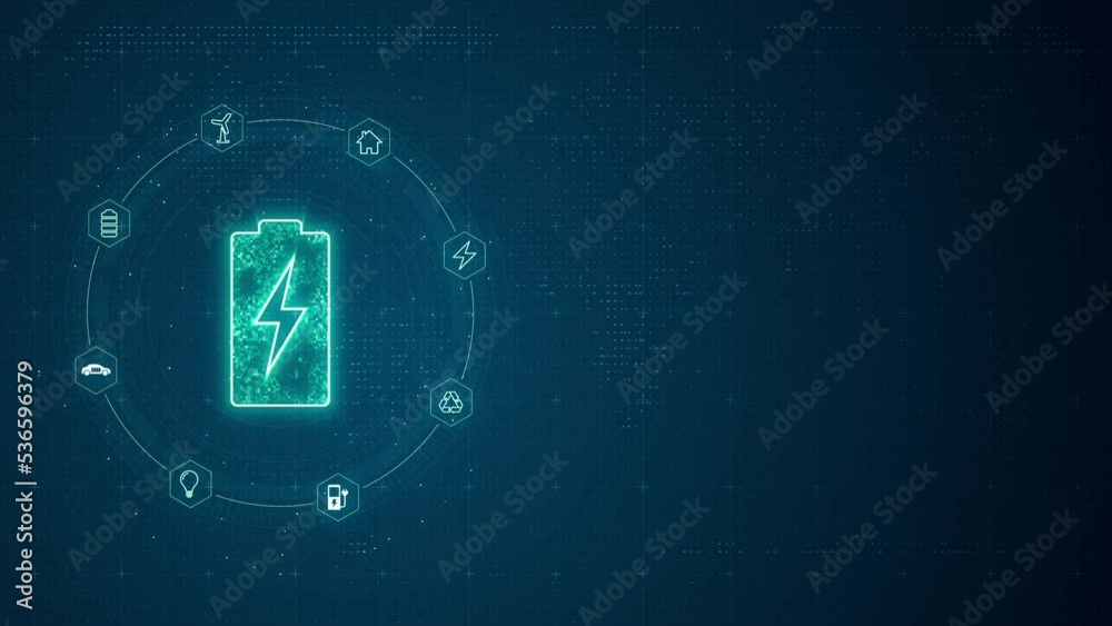 Motion graphic of Blue digital battery LOGO with line connection and data transfer to futuristic icon technology abstract background