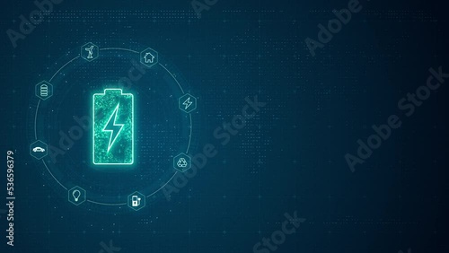 Motion graphic of Blue digital battery LOGO with line connection and data transfer to futuristic icon technology abstract background