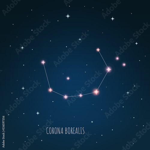 Constellation Corona Borealis on the background of starry sky. Constellation scheme collection Vector illustration	