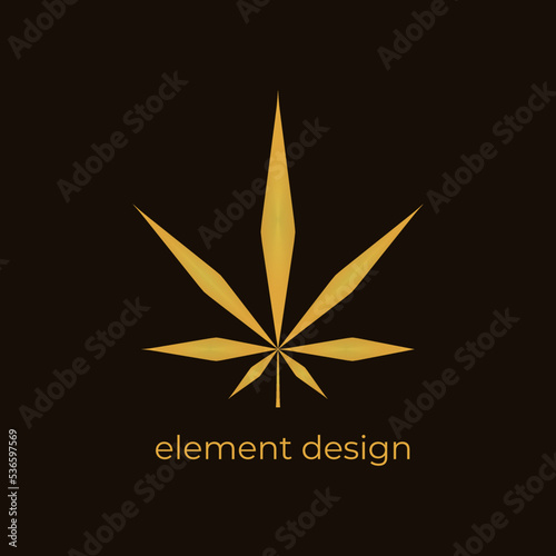 Gold cannabis leaf logo vector. Marijuana legalize. Abstract linear symbol. Medicine cannabis sign. Hash, ganja cbd rasta indica sativa logo. For design, logo, illustration, animation, etc.