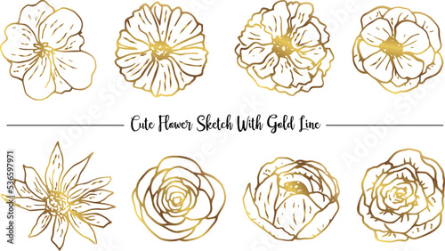 hand drawn flowers sketch collection with gold line