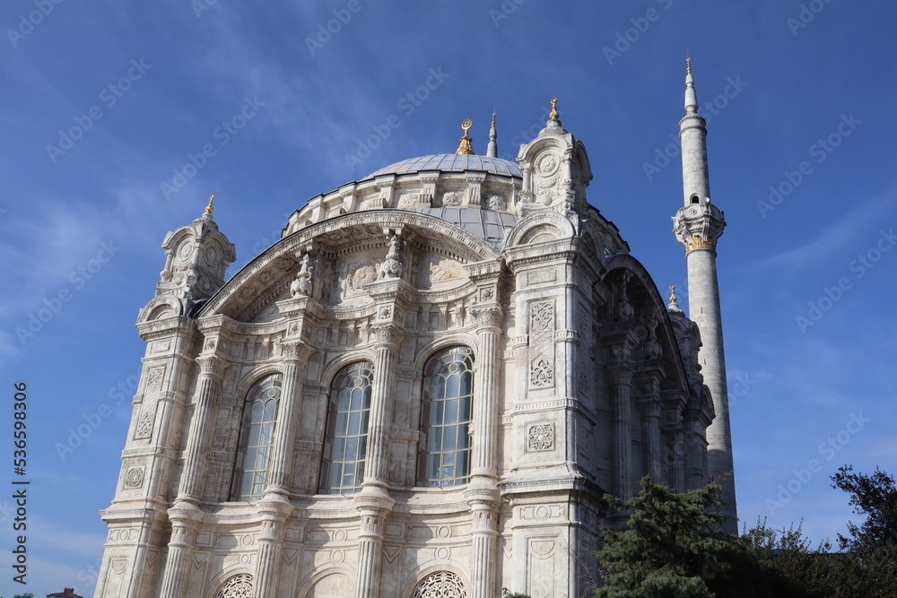 Ortakoy mosque, with together minaret. Outdoor shooting. Istanbul Turkey. 