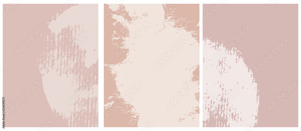 Set of 3 Abstract Grunge Vector Layouts. Off-White Irregular Splatters on a Blush and Terracotta Background. Different Shades of Pink . Soft Abstract Painting Style Art. Blanks Set without Text.