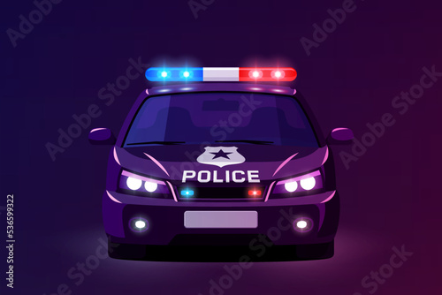 Icon of police car with red blue flashing lights on dark purple background. Front view of patrol vehicle. Vector illustration