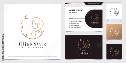 Hijab women logo design with line art style and business card template
