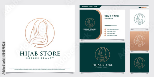 Hijab women logo design with line art style and business card template