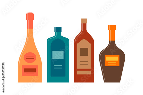 Set bottles of champagne, gin, whiskey, balsam great design for any purposes. Icon bottle with cap and label. Flat style. Color form. Party drink concept. Simple image shape