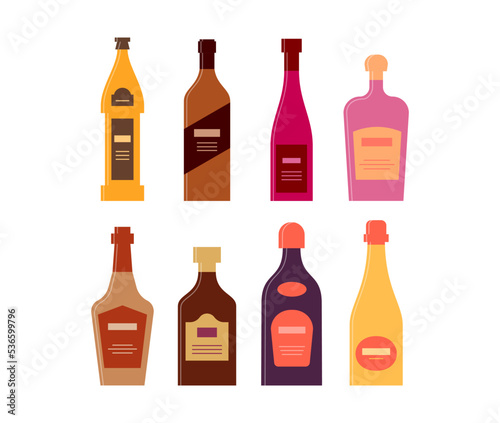 Bottle of beer whiskey wine liquor brandy rum cream champagne. Graphic design for any purposes. Flat style. Color form. Party drink concept. Simple image shape
