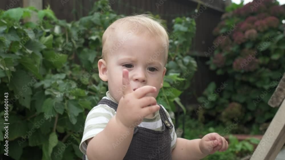 Childhood, toddler, motherhood, summer. Happy smiling Baby Boy Kid playing outside in garden Playground. Funny Child claping his Hands Dancing. Child walking first steps. Close up Kid Face Emotions Childhood, toddler, motherhood, summer. Happy smiling Baby Boy Kid playing outside in garden Playground. Funny Child claping his Hands Dancing. Child walking first steps. Close up Kid Face Emotions