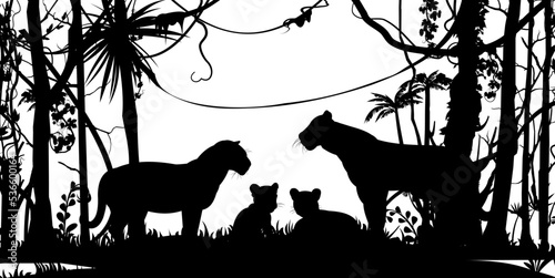 Lions family with cubs. Predator Wild animals. Silhouette figures. Jungle rainforest. Overgrown with trees and grass. Isolated on white background. Vector.