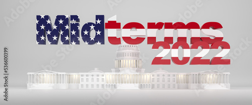 Midterm elections in 2022 concept. The text Midterms colored in the US flag stars and stripes in front of an illuminated model of the capitol building