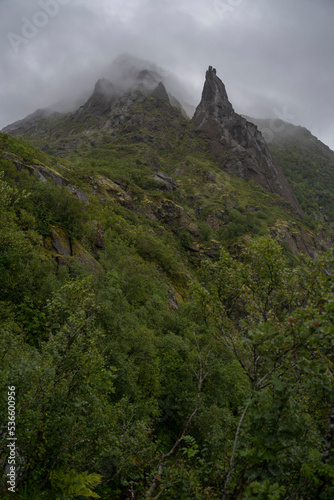 mountain landscape of a pointy peak in Svolværgeita, Norway