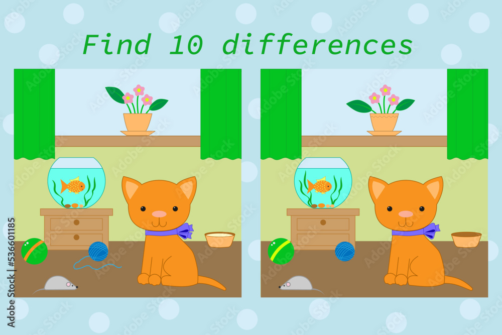Fototapeta premium Educational game for kids. Find 10 differences in the pictures. Funny kitten in the room.
