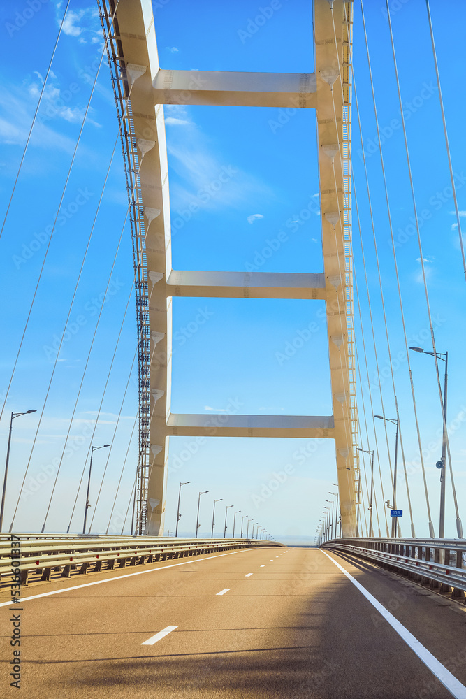 Arch of the highway of the Crimean bridge. Automobile bridge across the Kerch Strait.