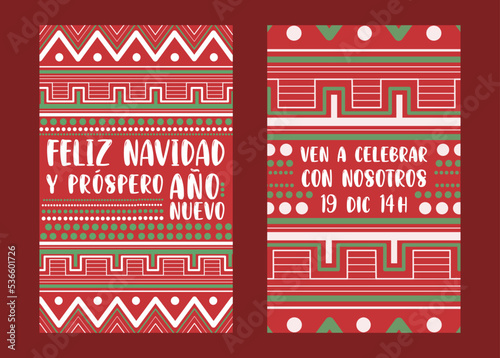 Divertida invitación o tarjeta navideña con grecas y colores de temporada. "Feliz Navidad y próspero Año nuevo. Ven a celebrar con nosotros.