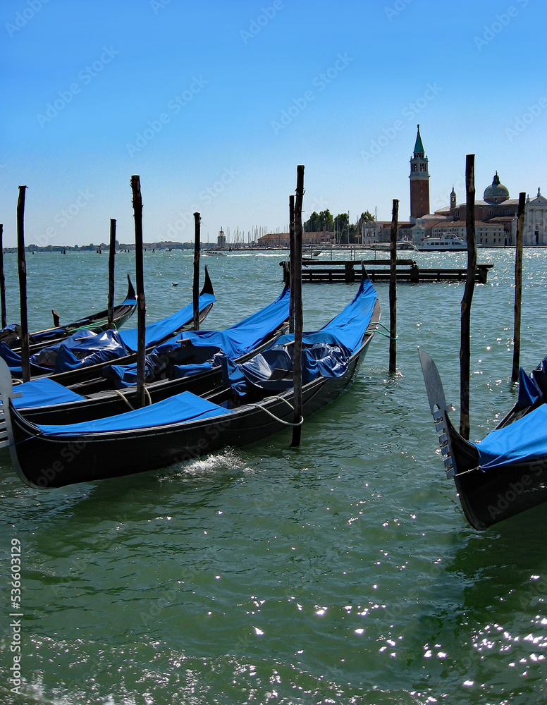 Covered gondolas in Venice lagoon, Italy. 