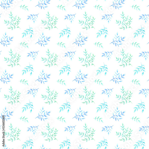 A pattern with twigs drawn with watercolor pencils, highlighted on a white background.