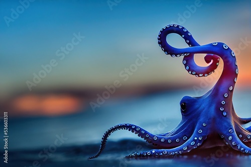 Rendering of blue octopus on the beach