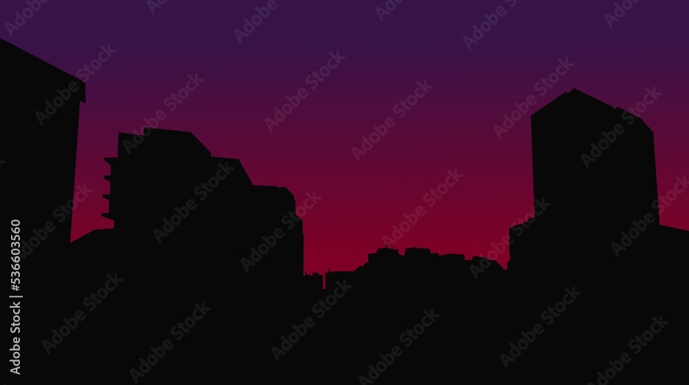 city skyline at sunset in cyber punk mode