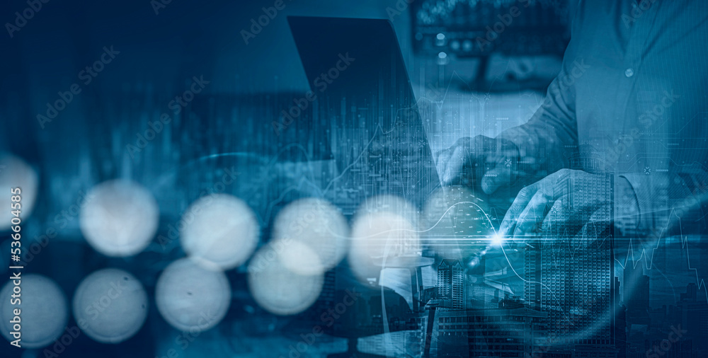 Double exposure of man using laptop smart city with internet network technology,Digital technology, internet network connection, futristic innovation technology.