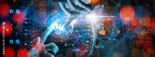 AI, Machine learning concept,Hands robot and human touching global circuit big data network connection background, Science and artificial intelligence technology,innovation technology futuristic.