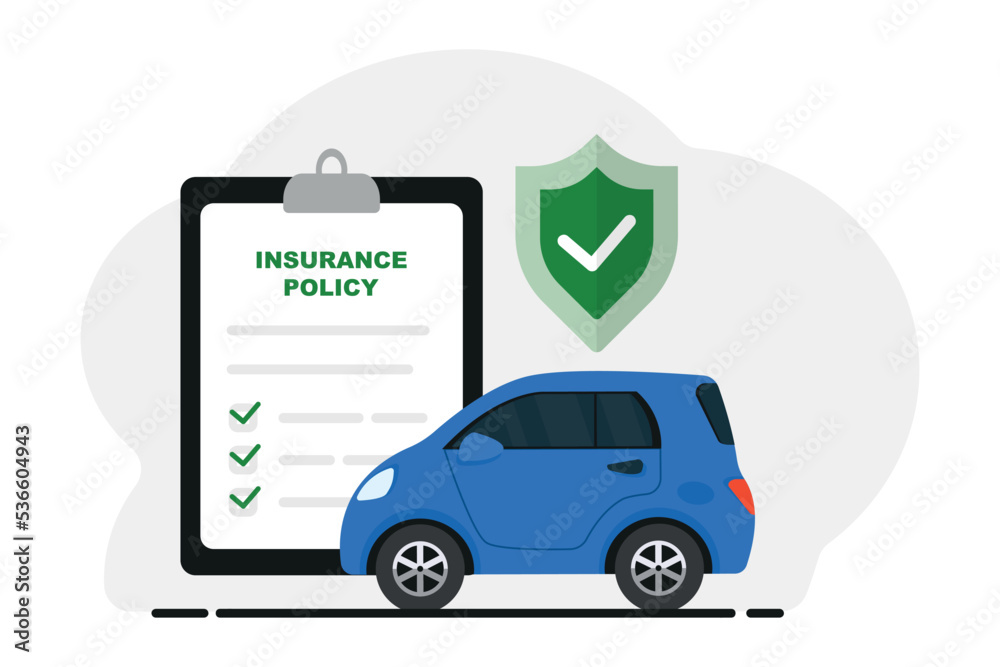 Car insurance concept. Car insurance coverage protection contract document with shield or auto vehicle guarantee assurance legal doc policy. Automobile warranty safety agreement. Vector illustration