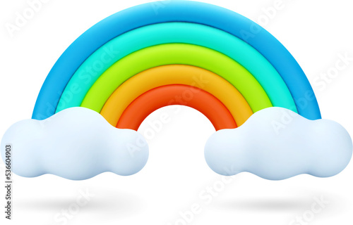 3D Cartoon Colorful Rainbow with Clouds Isolated on White Background. 3D Weather Icon. Vector Illustration of 3d Render in minimal style.
