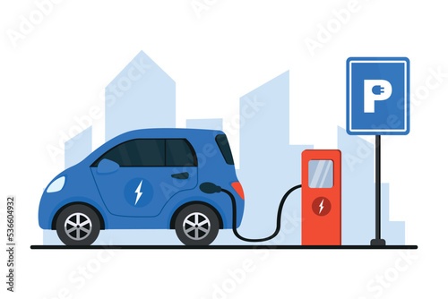Illustration of electric vehicle charging station with a car on city view background. Charging electric car battery at electric recharge station. Сoncept illustration for green environment, ecology