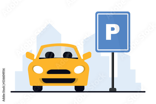 Parking lot with car on city background. Car parking icon. Parking space, parking lot. Car parking concept. Vector illustration