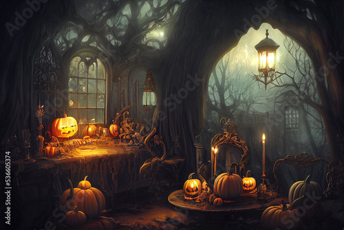 halloween haunted house,  room, background, digital illustration  photo