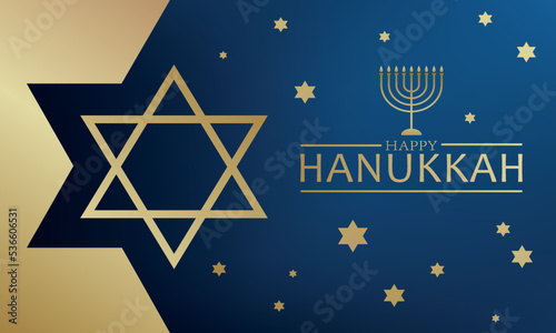 Celebration illustration with golden text Happy Hanukkah, chandelier and star of David on the blue background for Hanukkah Jewish holiday. Luxury design for banner, wallpaper, card or poster.