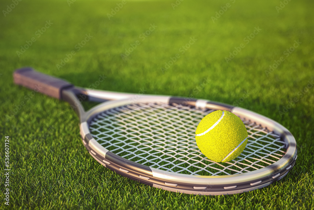 Tennis racket and tennis ball on a grass of tennis court.