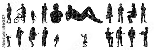 Vector illustration, Outline silhouettes of people, Contour drawing, people silhouette, Icon Set Isolated , Silhouette of sitting people, Architectural set	
