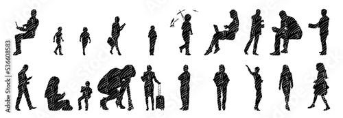 Vector illustration, Outline silhouettes of people, Contour drawing, people silhouette, Icon Set Isolated , Silhouette of sitting people, Architectural set	
