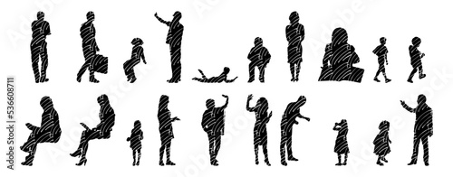 Vector illustration, Outline silhouettes of people, Contour drawing, people silhouette, Icon Set Isolated , Silhouette of sitting people, Architectural set	
