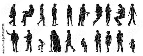 Vector illustration, Outline silhouettes of people, Contour drawing, people silhouette, Icon Set Isolated , Silhouette of sitting people, Architectural set	
