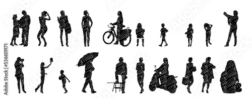 Vector illustration, Outline silhouettes of people, Contour drawing, people silhouette, Icon Set Isolated , Silhouette of sitting people, Architectural set	
