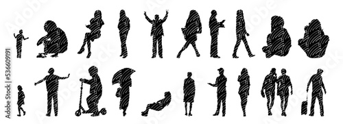 Vector illustration, Outline silhouettes of people, Contour drawing, people silhouette, Icon Set Isolated , Silhouette of sitting people, Architectural set	
