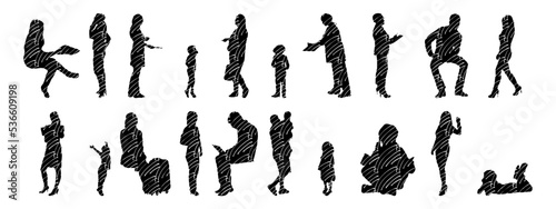 Vector illustration, Outline silhouettes of people, Contour drawing, people silhouette, Icon Set Isolated , Silhouette of sitting people, Architectural set	
