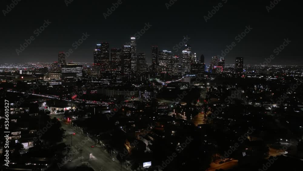 Los Angeles downtown buildings at night. Aerial view of the night city of Los Angeles, USA.