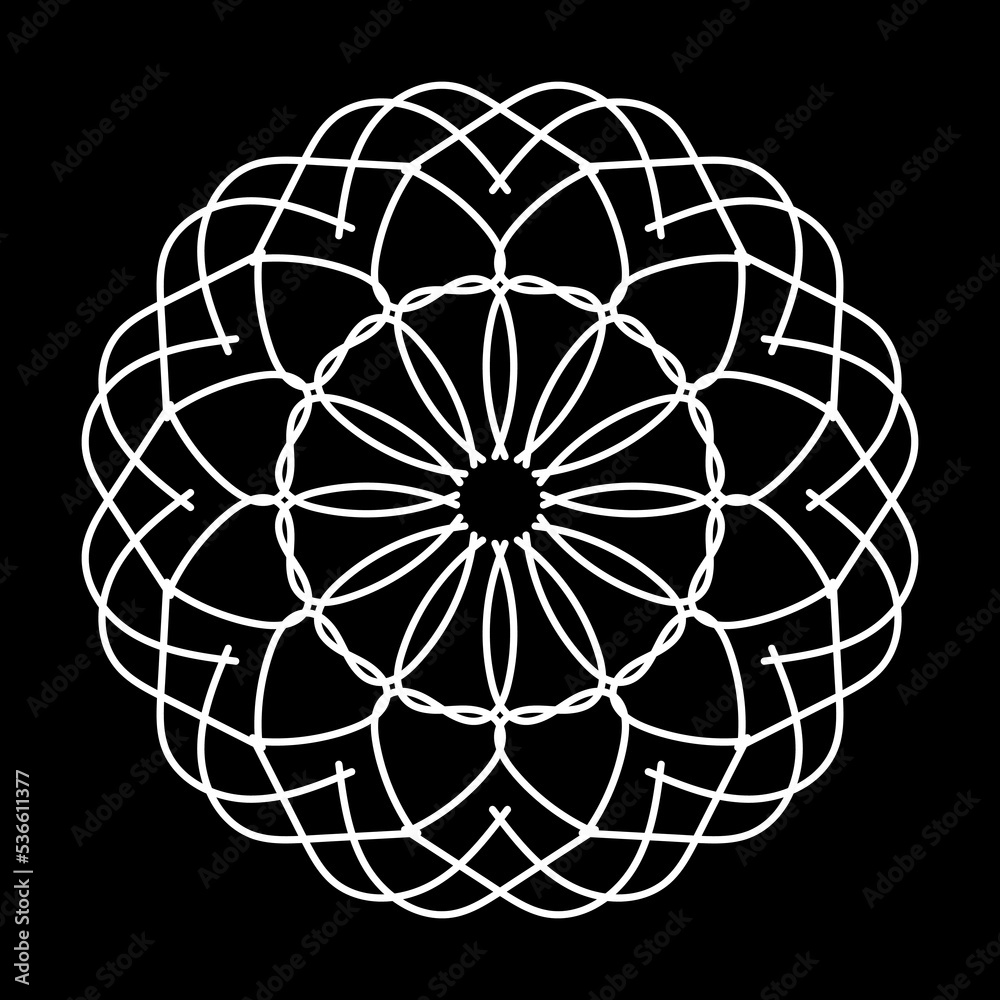 Ornamental circle in White color. Ornamental circular symbol on black background. Mandala Vector