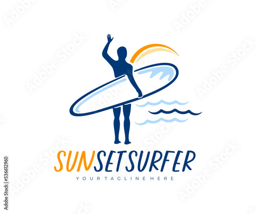 Surfer with surfboard at sunset by the ocean, logo design. Travel, leisure, sport and active lifestyle, vector design and illustration