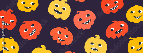 Halloween abstract background with red and yellow eyed pumpkins. Childish characters with spooky smiles. Vector illustration in simple flat style. Web banner template. 