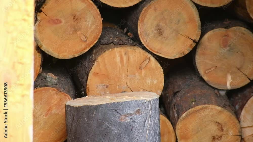 A man is chopping logs with an axe on chopping block. Harvesting of firewood stocks for heating. An alternative source of thermal energy instead of natural gas. A man is chopping logs with an axe on chopping block. Harvesting of firewood stocks for heating. An alternative source of thermal energy instead of natural gas.