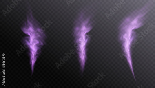 Purple smoke on a transparent background.Hookah smoke, poisonous gas, purple dust, fog effect.Vector	
