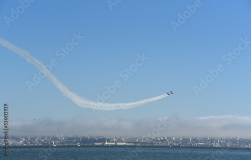 California- San Francisco- Panorama of the Blue Angels Flying Over the Foggy City