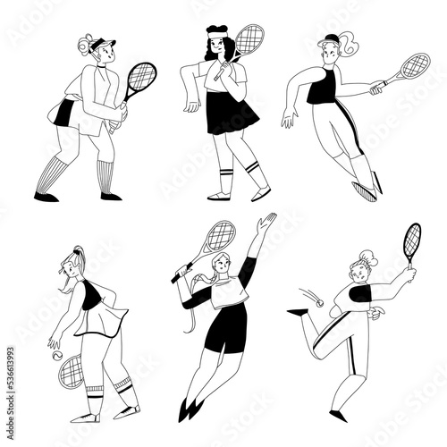 Set of tennis players with rackets in sportswear in different poses during the game in line art.