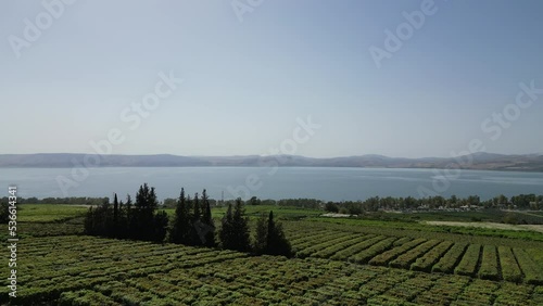 Aerial view of lake Kinneret in the Golan heights under the blue sky, Israel photo